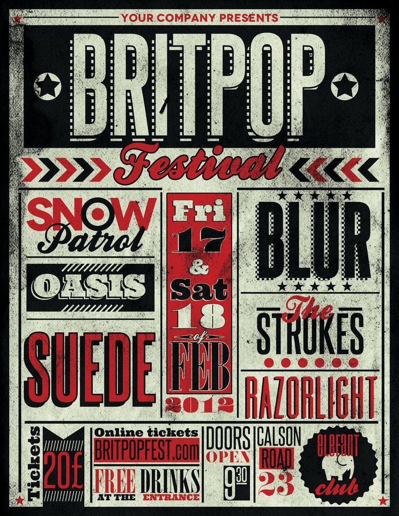 Vintage Music Art Poster - Brit Pop Festival - Blur - Oasis - Snow Patrol - Suede 0082