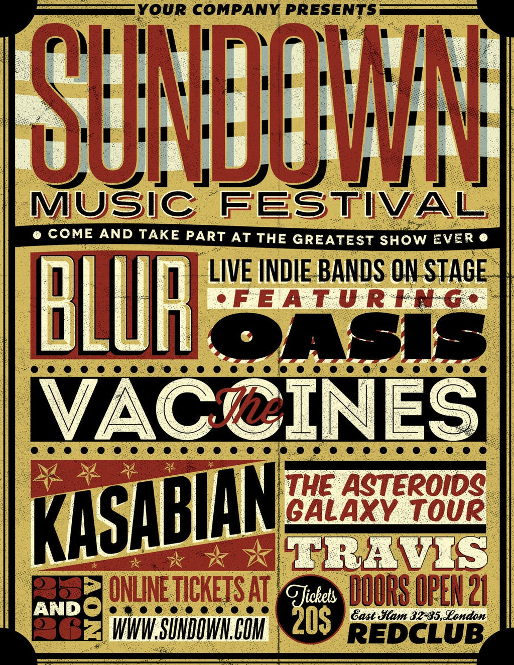 Vintage Music Art Poster - Sundown Music Festival - Blur- Oasis - 0272